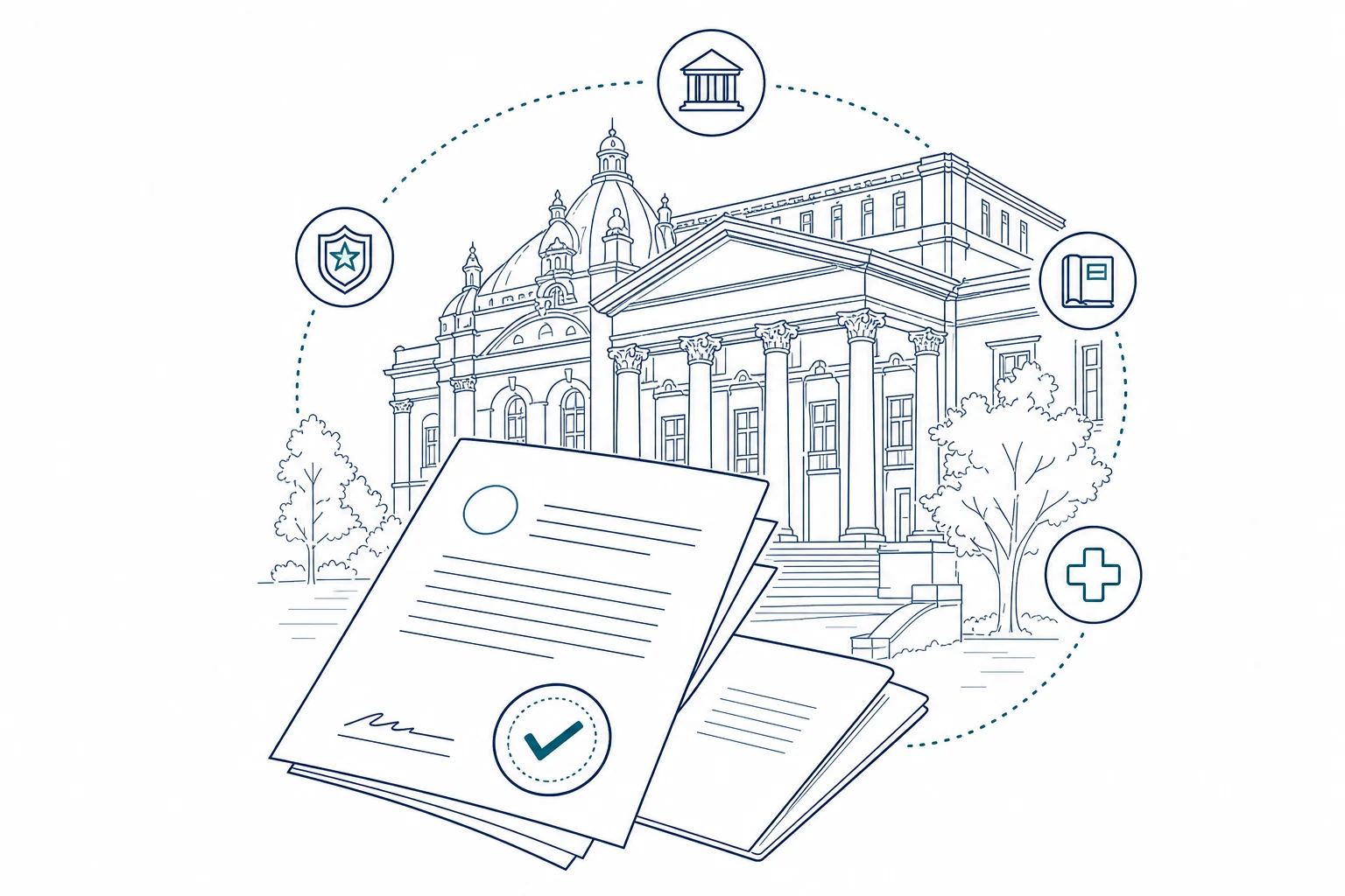 University, official documents, and verification marks representing the StudyROM evidence process
